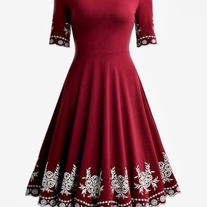 Scoop Neck Retro Swing Dress with Wintery Embroidery